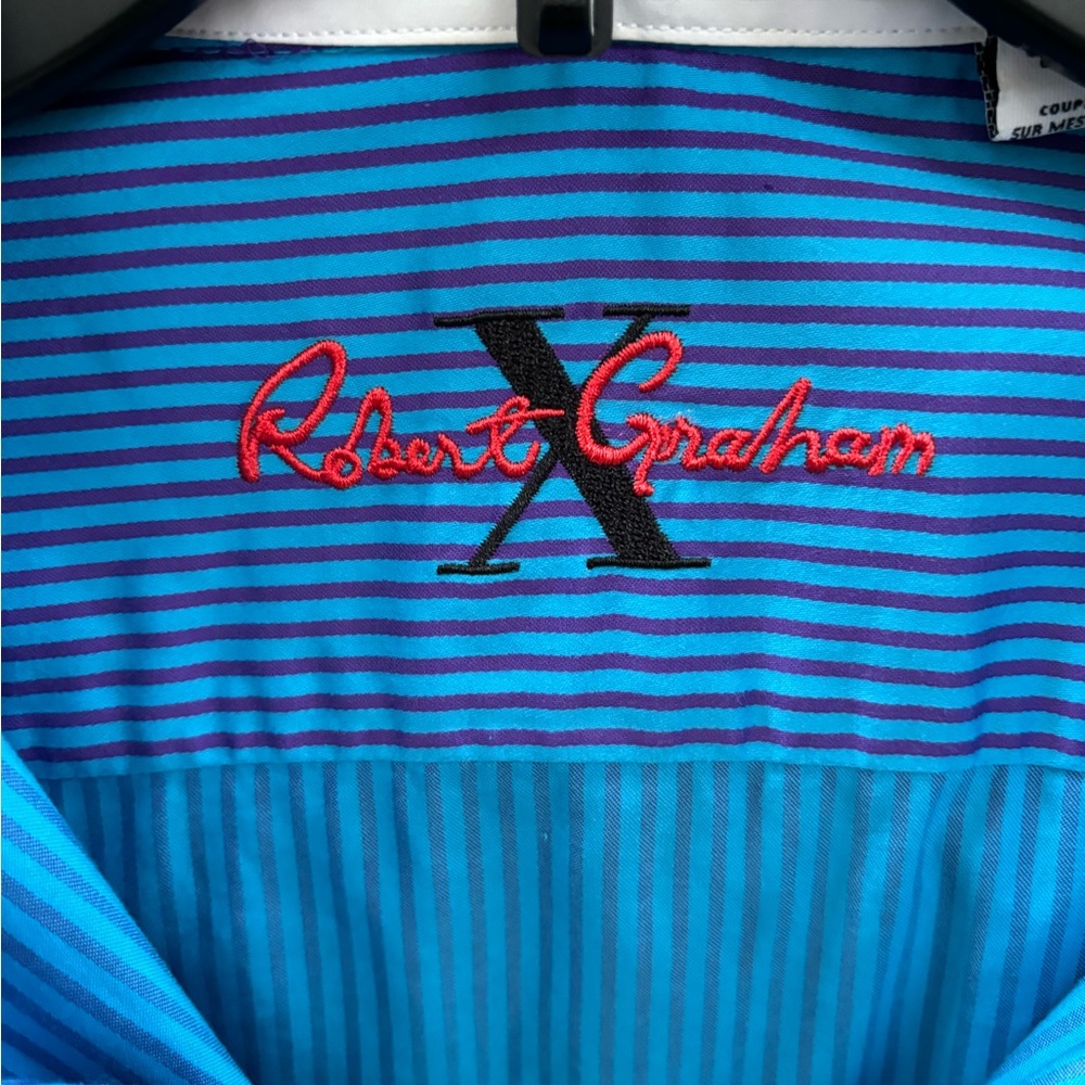 Robert Graham X Men’s Button Up Shirt Blue/Purple Stripes Size Medium - Picture 6 of 12